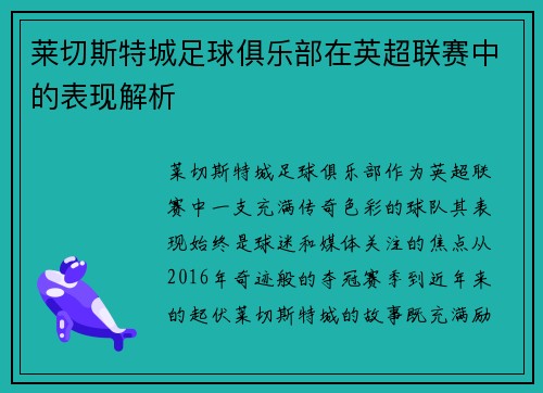 莱切斯特城足球俱乐部在英超联赛中的表现解析