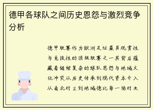 德甲各球队之间历史恩怨与激烈竞争分析